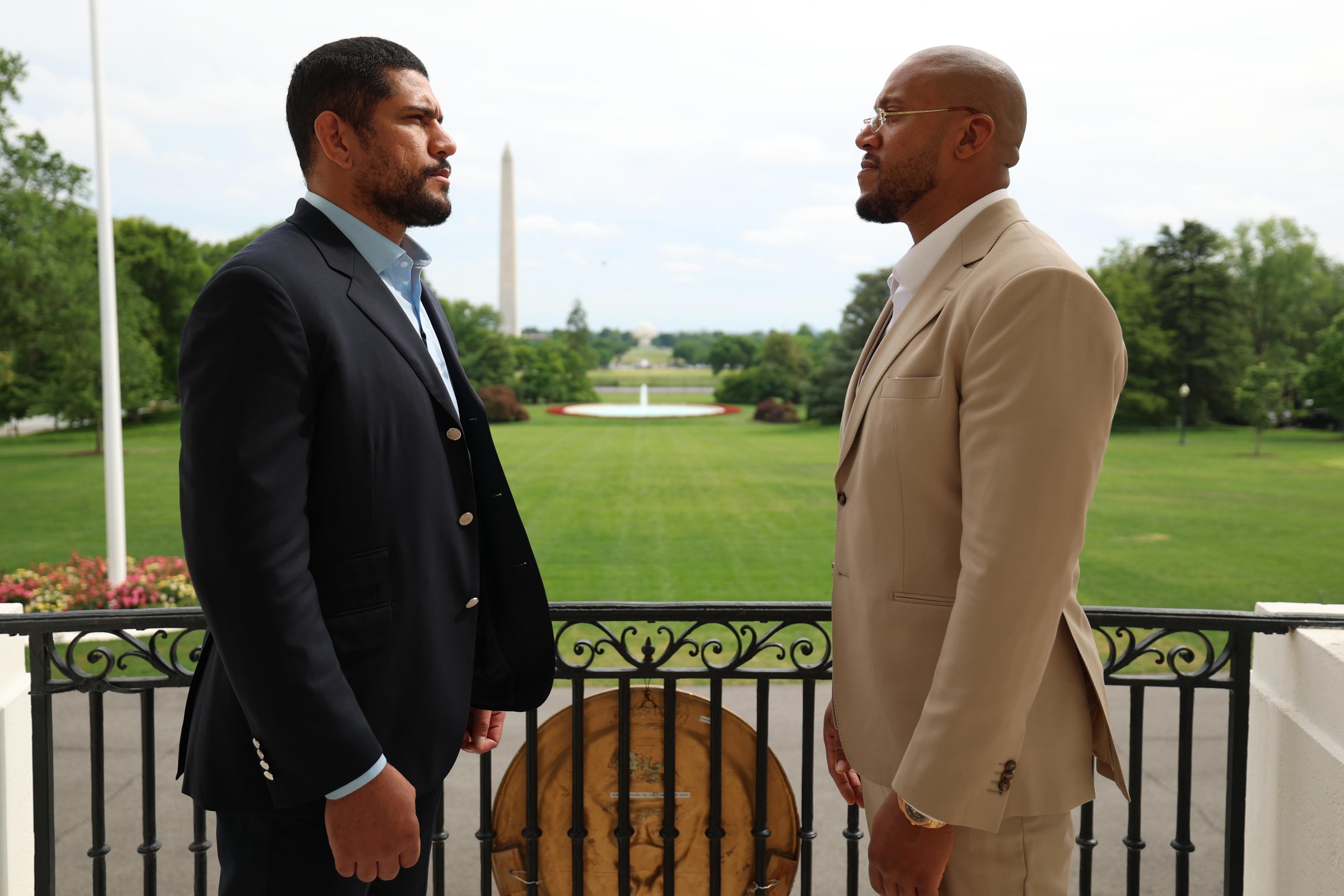 WASHINGTON, DC - MAY 06: Alex Pereira and Ciryl Gane face off on the balcony of the White House on May 06, 2026 in Washington, DC. (Photo by Scott Taetsch/Zuffa LLC)