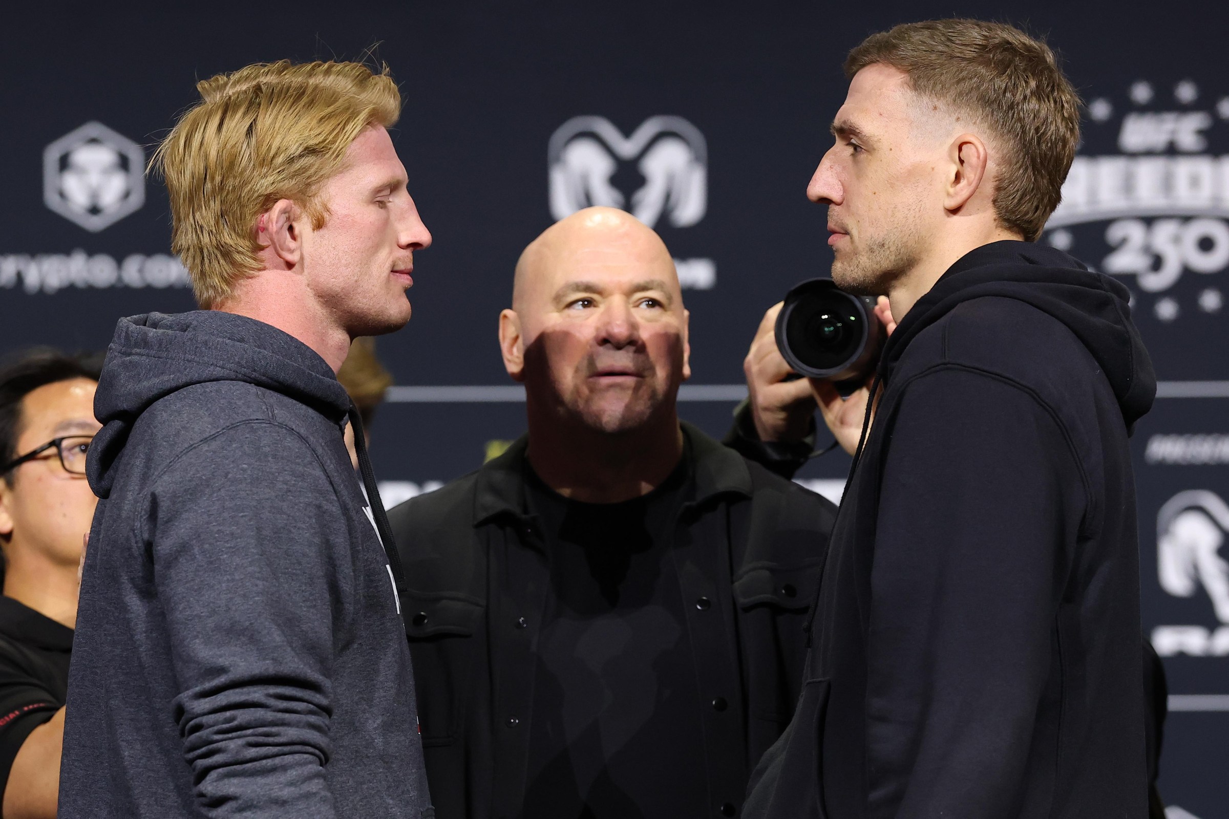 NEWARK, NEW JERSEY - MAY 08: (L-R) Opponents Bo Nickal and Kyle Daukaus face off during the UFC Freedom 250 press conference at Prudential Center on May 08, 2026 in Newark, New Jersey. (Photo by Ed Mulholland/Zuffa LLC)