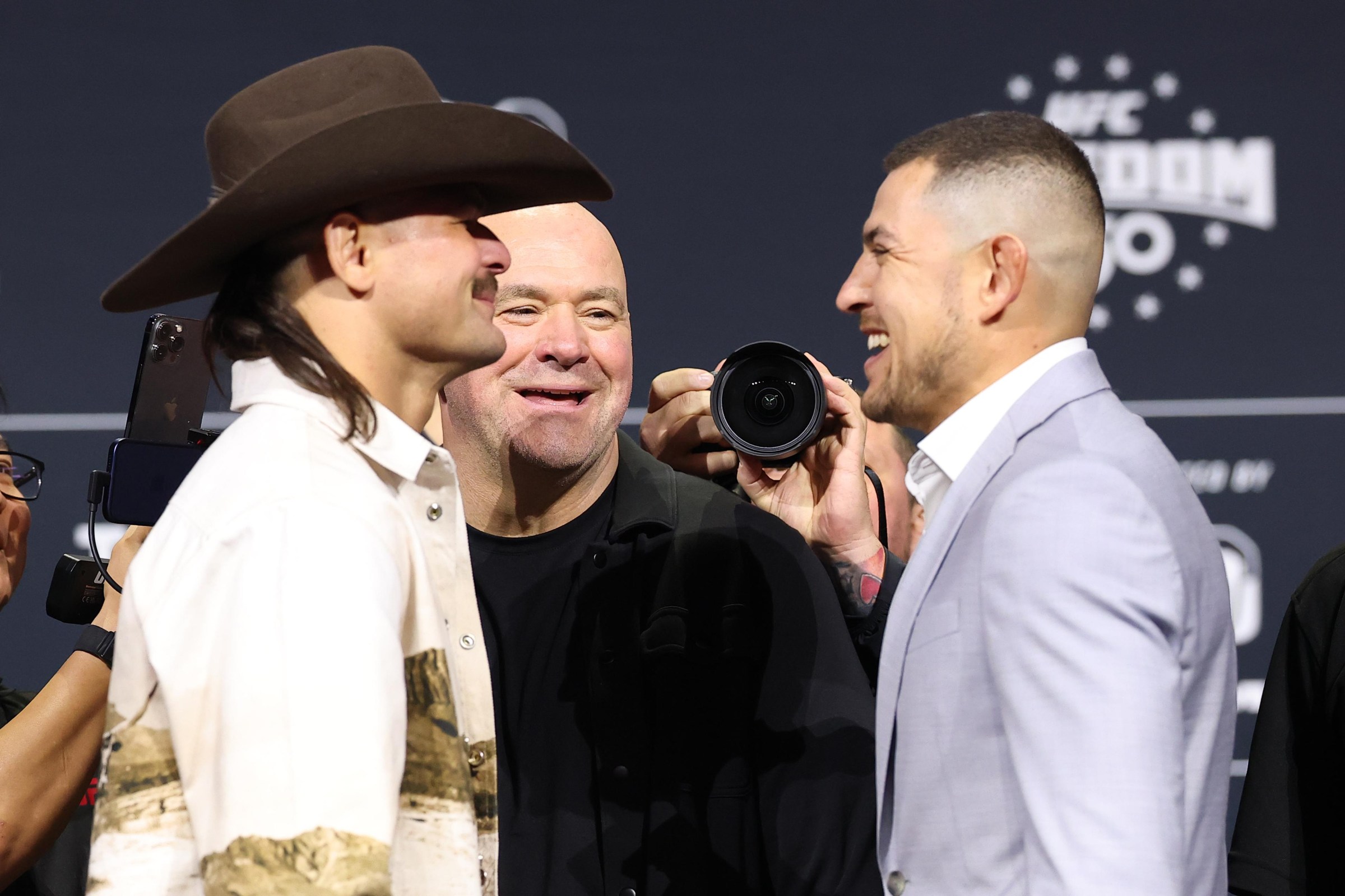 NEWARK, NEW JERSEY - MAY 08: (L-R) Opponents Diego Lopes and Steve Garcia face off during the UFC Freedom 250 press conference at Prudential Center on May 08, 2026 in Newark, New Jersey. (Photo by Ed Mulholland/Zuffa LLC)