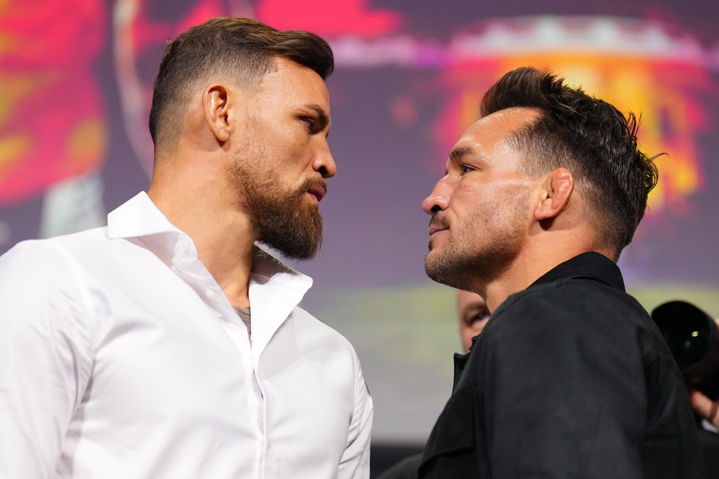 NEWARK, NEW JERSEY - MAY 08: (L-R) Opponents Maurício Ruffy and Michael Chandler face off during the UFC Freedom 250 press conference at Prudential Center on May 08, 2026 in Newark, New Jersey. (Photo by Chris Unger/Zuffa LLC)