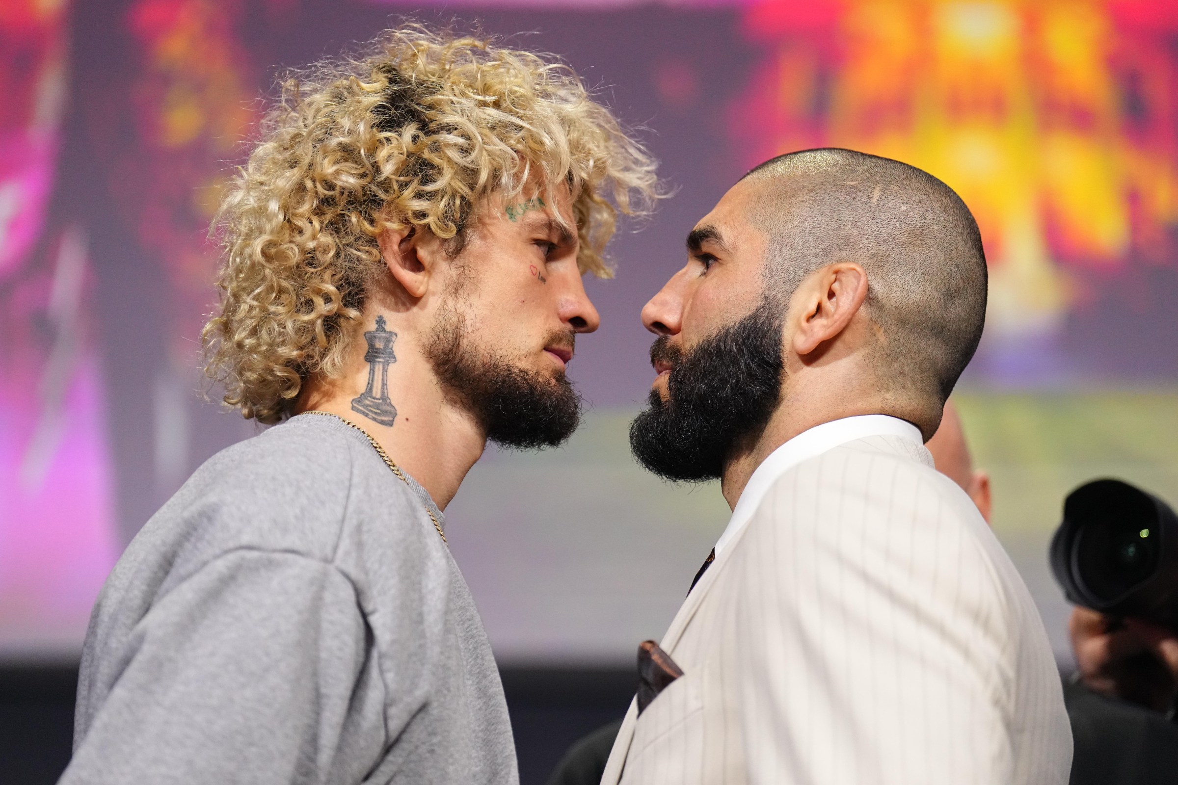 NEWARK, NEW JERSEY - MAY 08: (L-R) Opponents Sean O’Malley and Aiemann Zahabi face off during the UFC Freedom 250 press conference at Prudential Center on May 08, 2026 in Newark, New Jersey. (Photo by Chris Unger/Zuffa LLC)