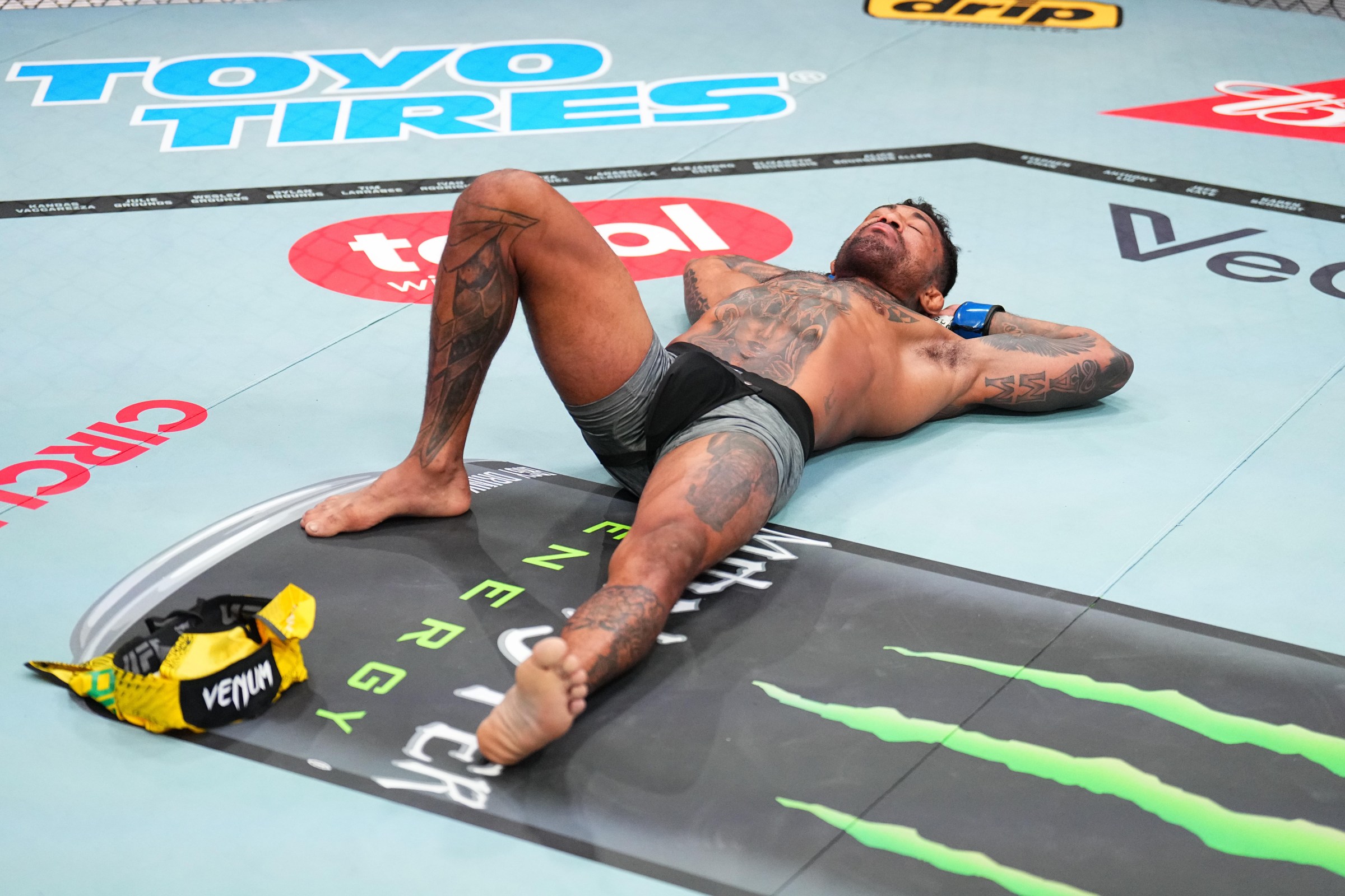 LAS VEGAS, NEVADA - JUNE 06: Joanderson Brito of Brazil reacts after defeating Jordan Leavitt in a featherweight fight during the UFC Fight Night event at Meta APEX on June 06, 2026 in Las Vegas, Nevada. (Photo by Chris Unger/Zuffa LLC)
