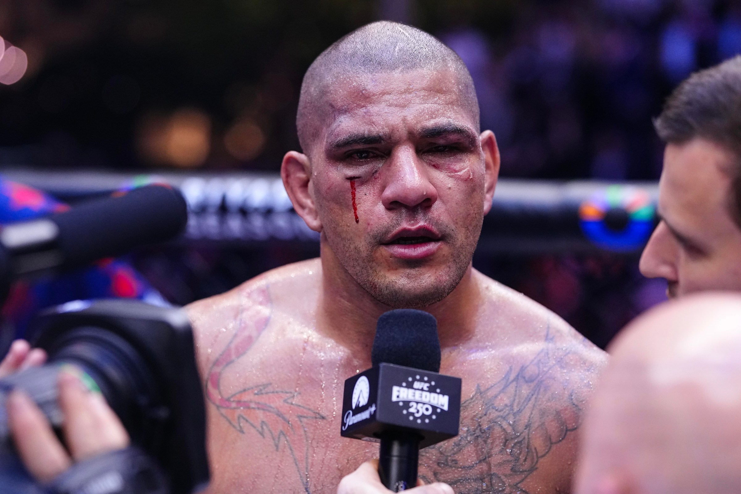 WASHINGTON, DC - JUNE 14: Alex Pereira of Brazil speaks following his loss in the UFC interim heavyweight championship fight during the UFC Freedom 250 event on the South Lawn at the White House on June 14, 2026 in Washington, DC. (Photo by Chris Unger/Zuffa LLC)
