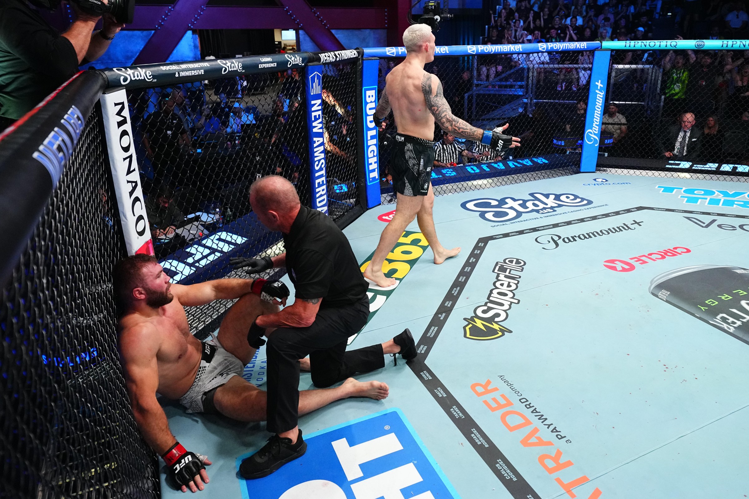 LAS VEGAS, NEVADA - JUNE 20: Navajo Stirling of New Zealand reacts after a TKO victory against Ion Cutelaba of Moldova in a light heavyweight fight during the UFC Fight Night event at Meta APEX on June 20, 2026 in Las Vegas, Nevada. (Photo by Chris Unger/Zuffa LLC)