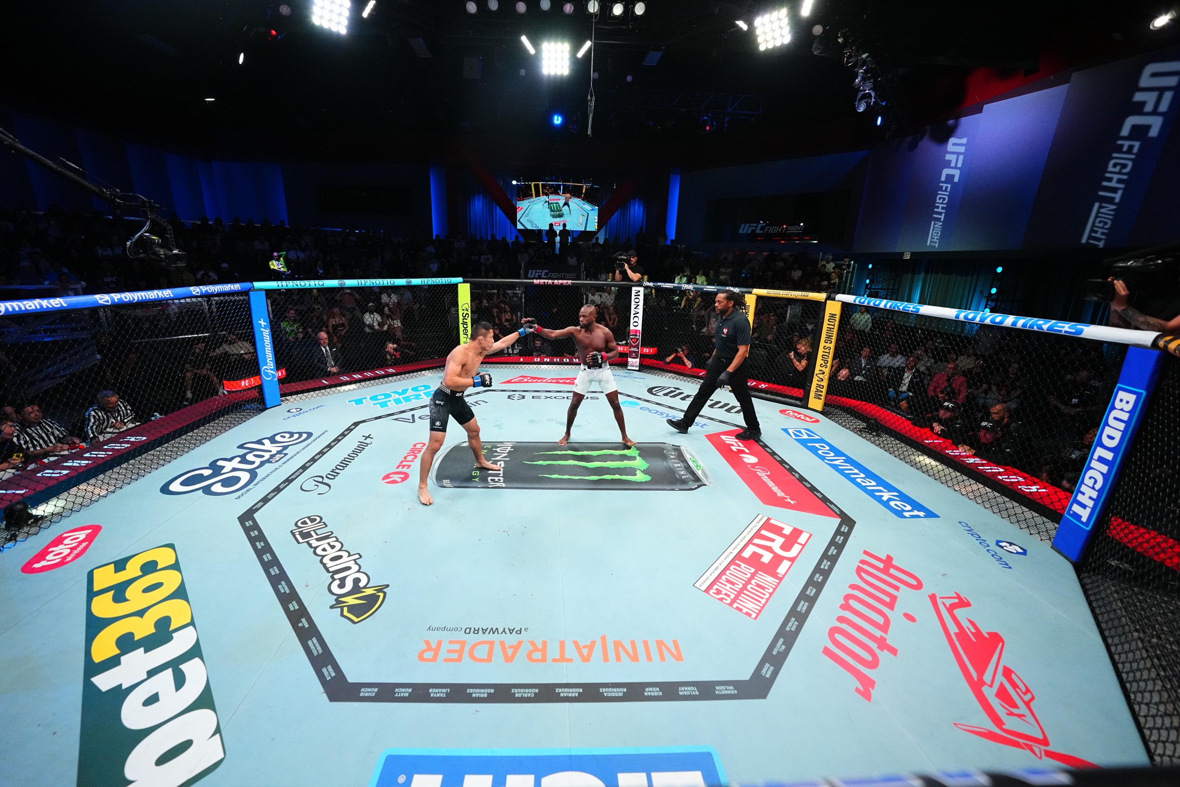 LAS VEGAS, NEVADA - JUNE 20: (R-L) Manel Kape of Angola and Kyoji Horiguchi of Japan touch gloves to start a flyweight fight during the UFC Fight Night event at Meta APEX on June 20, 2026 in Las Vegas, Nevada. (Photo by Chris Unger/Zuffa LLC)