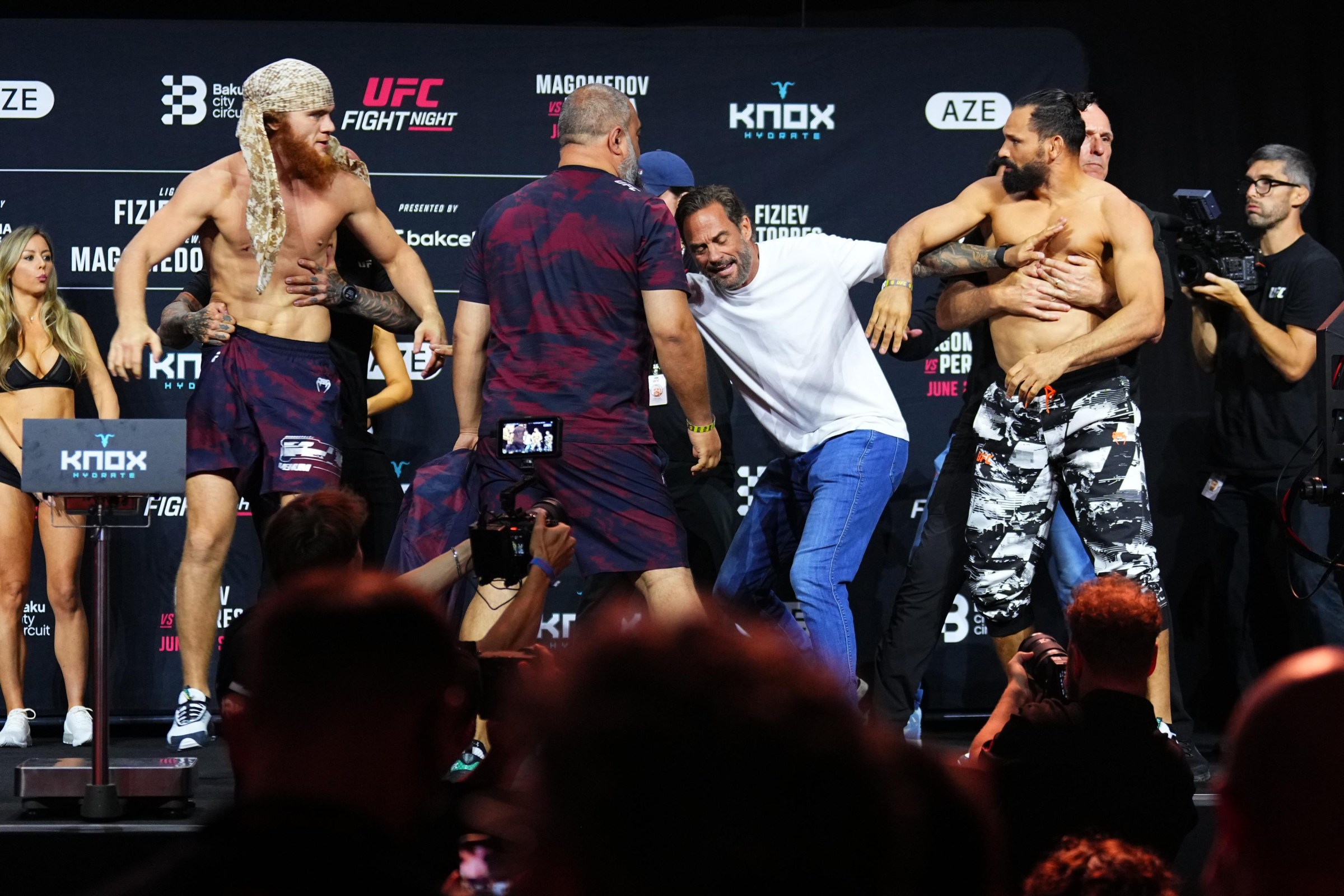 BAKU, AZERBAIJAN - JUNE 26: (L-R) Opponents Shara Magomedov of Russia and Michel Pereira of Brazil face off during the UFC Fight Night ceremonial weigh-in at National Gymnastics Arena on June 26, 2026 in Baku, Azerbaijan. (Photo by Jeff Bottari/Zuffa LLC)
