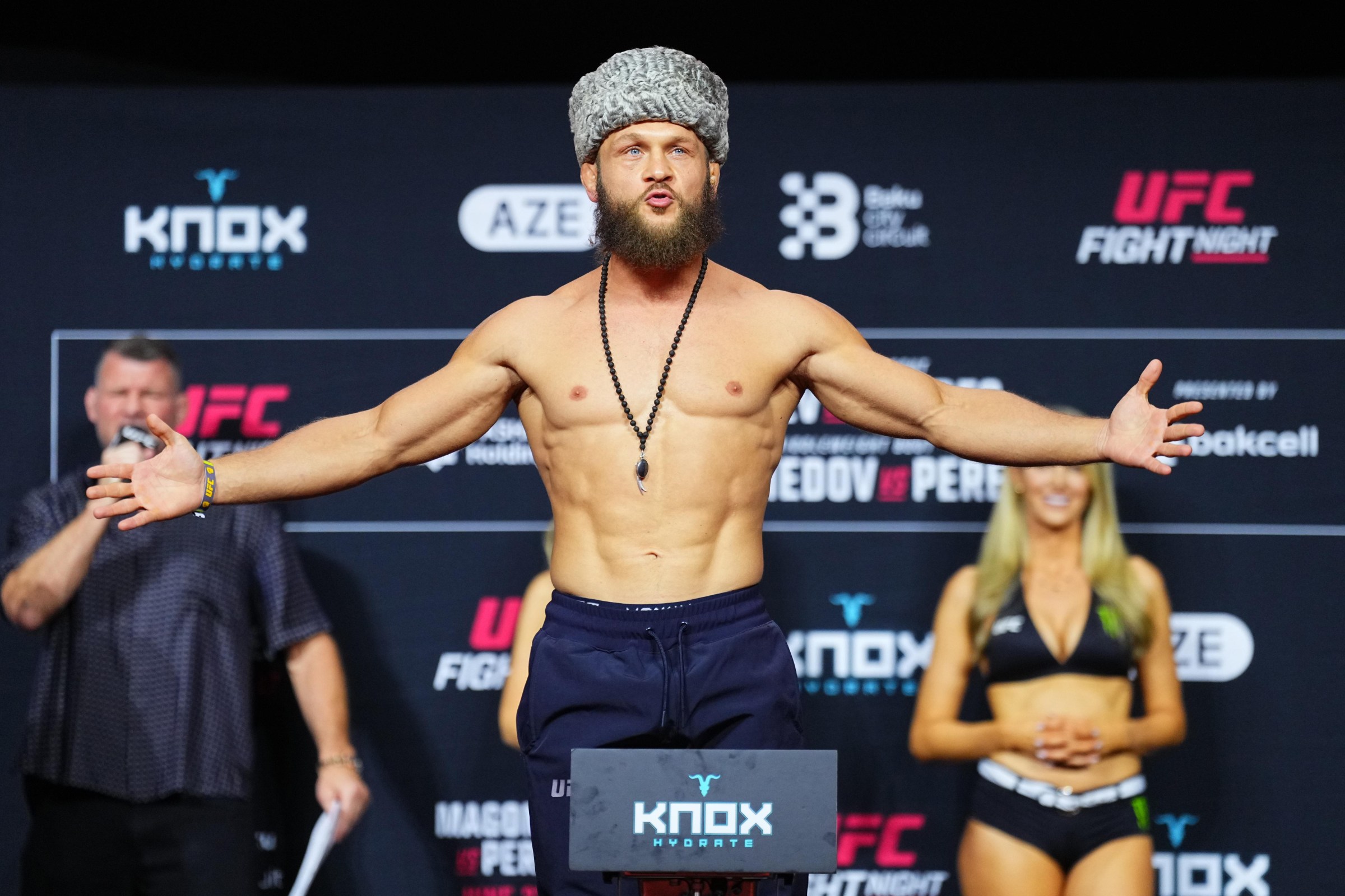 BAKU, AZERBAIJAN - JUNE 26: Rafael Fiziev of Kazakstan poses on the scale during the UFC Fight Night ceremonial weigh-in at National Gymnastics Arena on June 26, 2026 in Baku, Azerbaijan. (Photo by Jeff Bottari/Zuffa LLC)