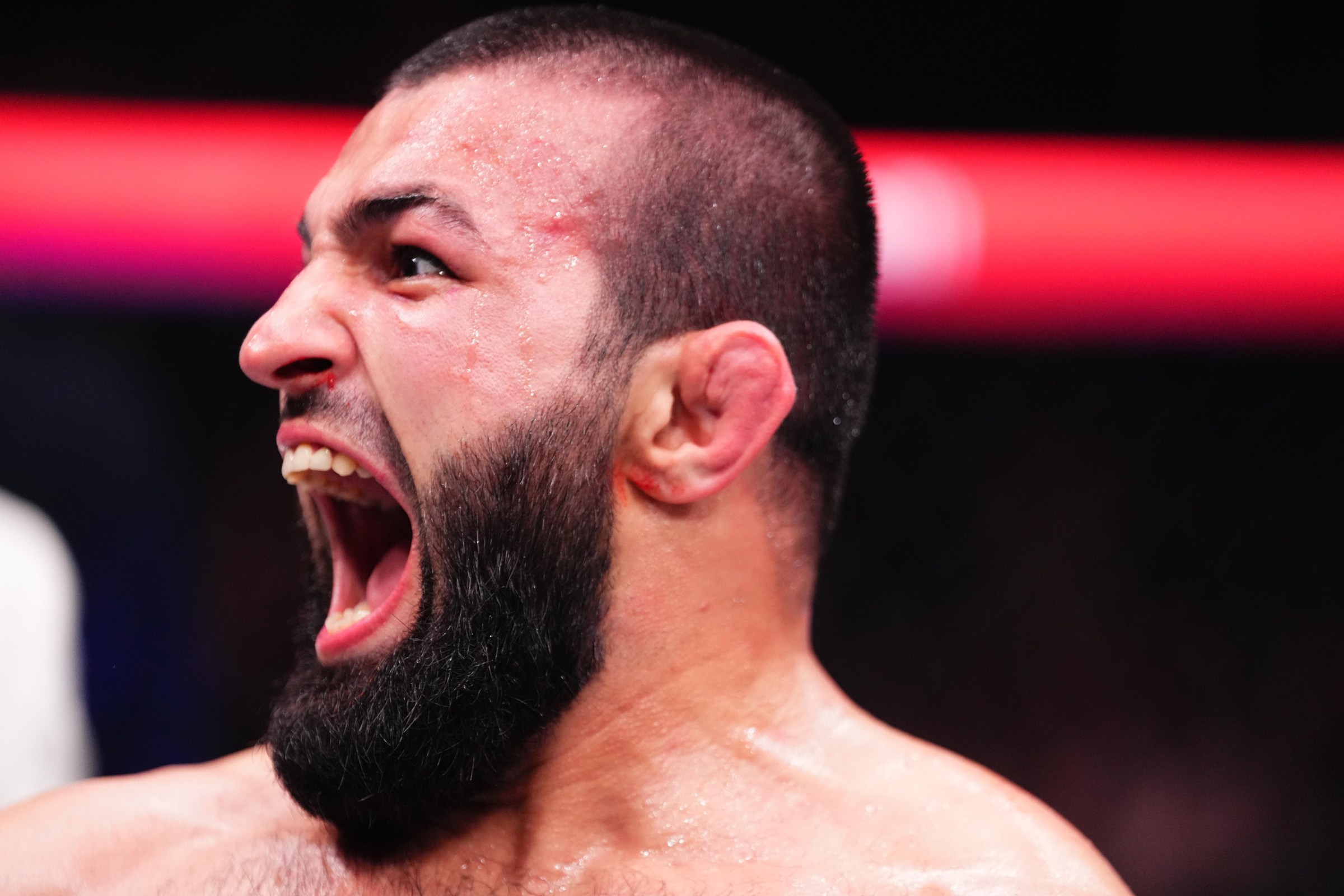 BAKU, AZERBAIJAN - JUNE 27: Tahir Abdullayev of Azerbaijan reacts after a TKO victory against Jefferson Nascimento of Brazil in a welterweight fight during the UFC Fight Night event at National Gymnastics Arena on June 27, 2026 in Baku, Azerbaijan. (Photo by Jeff Bottari/Zuffa LLC)