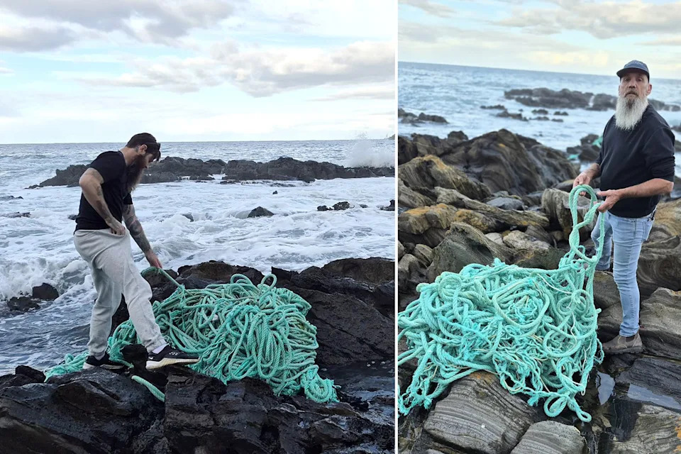 Andy Alford, right, with a pile of discarded fishing net ropes.