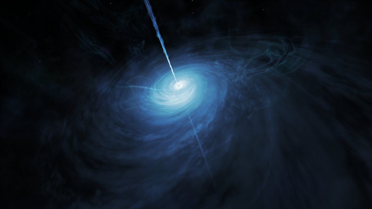 An artist's impression of a distant quasar with a flattened accretion disk.