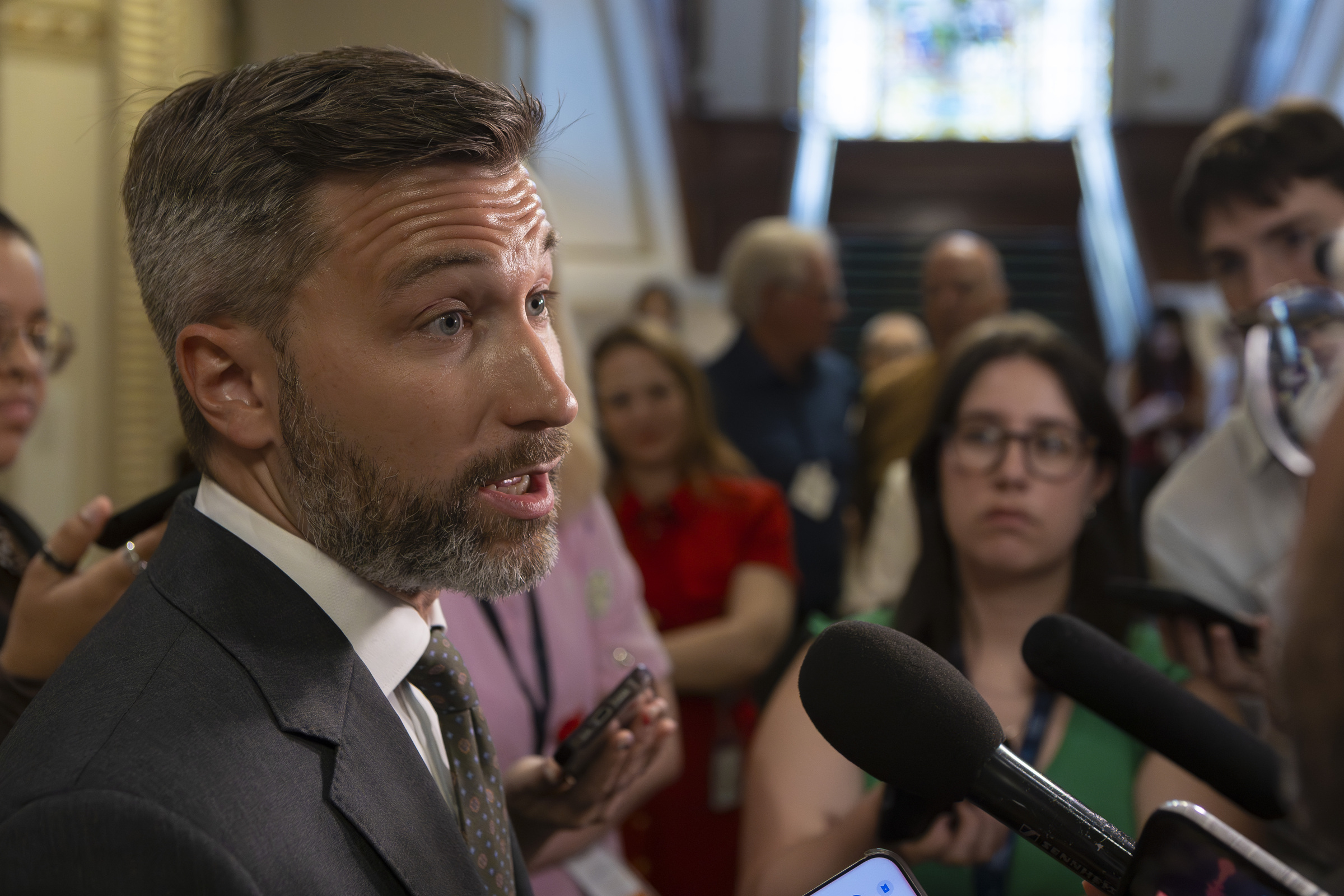 Gabriel Nadeau-Dubois in a media scrum