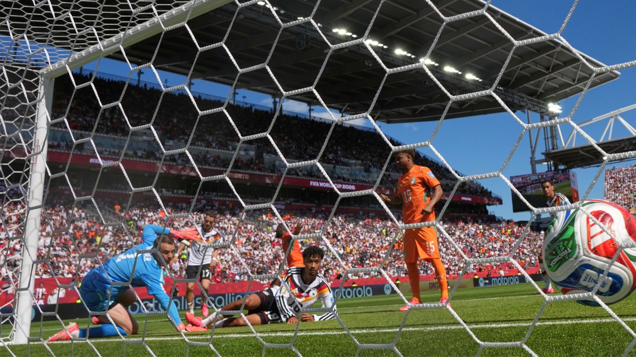 Ivory Coast's Franck Kessie (8) scores their opening goal during the World Cup Group E soccer match between Germany and Ivory Coast in Toronto, Canada, Saturday, June 20, 2026. (Stephanie Scarbrough/AP Photo)