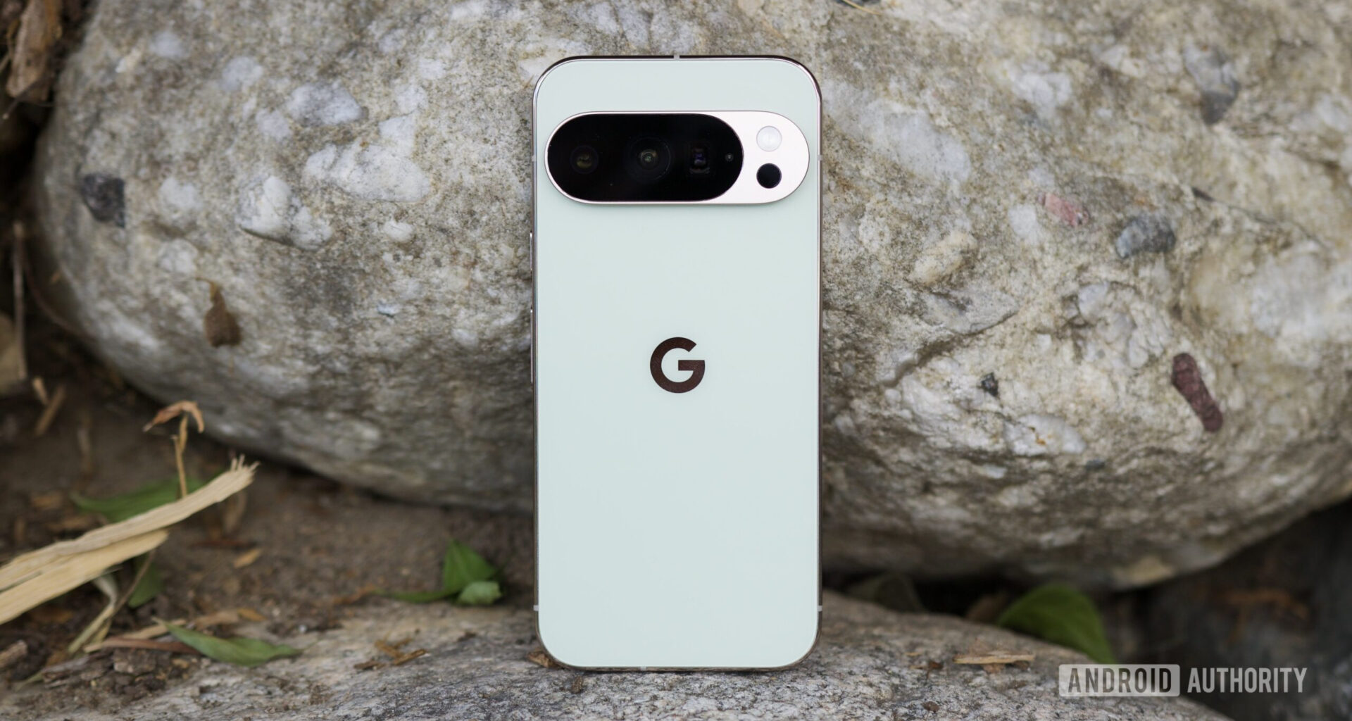 The Google Pixel 10 Pro in Jade, laying up against a rock.