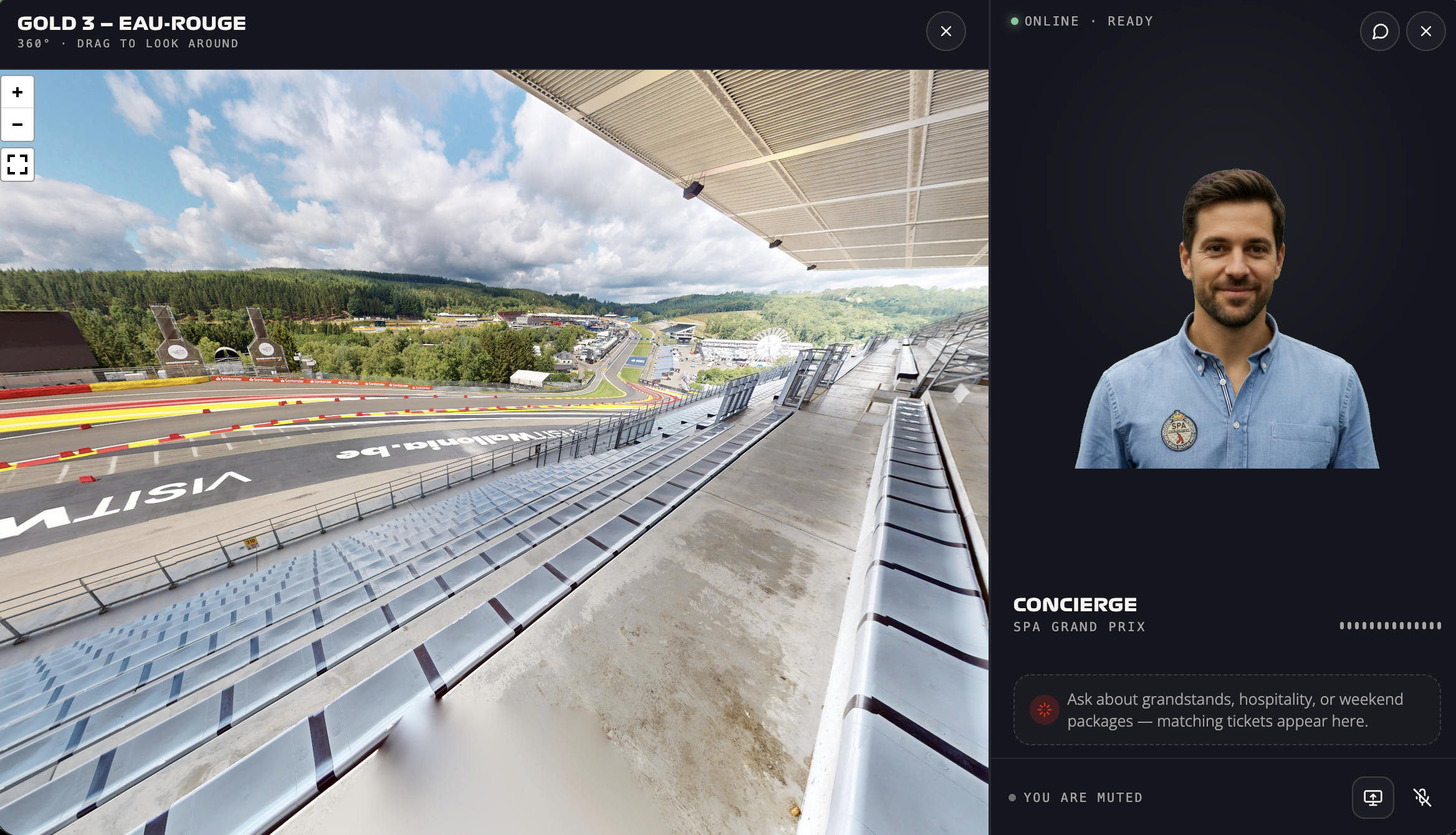 A photo from the virtual grandstands of Spa Grand Prix, with an AI agent describing the seating options