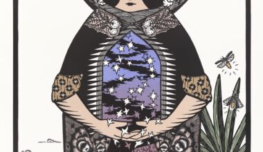 a large woodblock and paper-collaged print of a spiritual figure