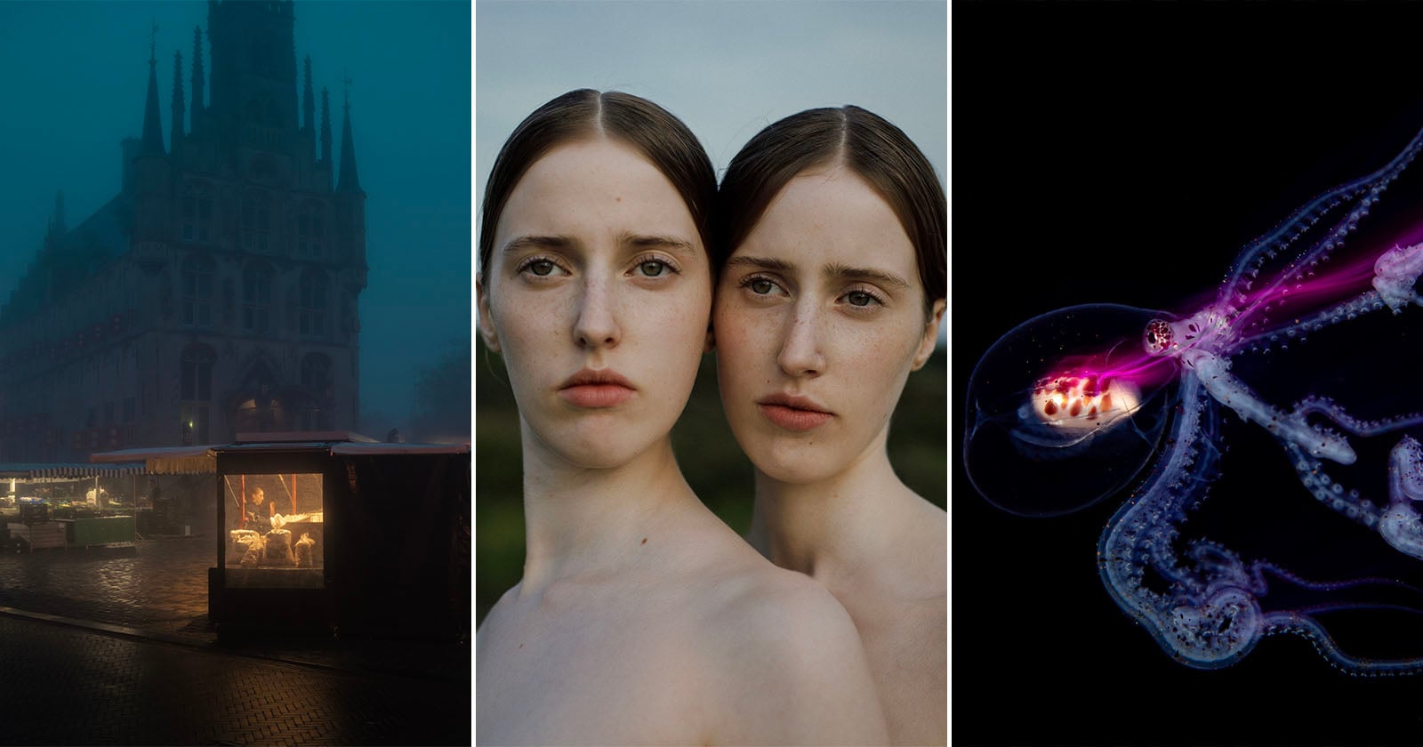 A triptych: left, a foggy night scene with a lit carousel by a tall building; center, two young women with neutral expressions pose closely together; right, a glowing jellyfish against a dark background.