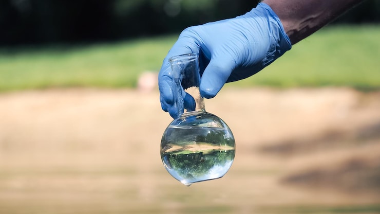 A gloved hand holds a vial of water.