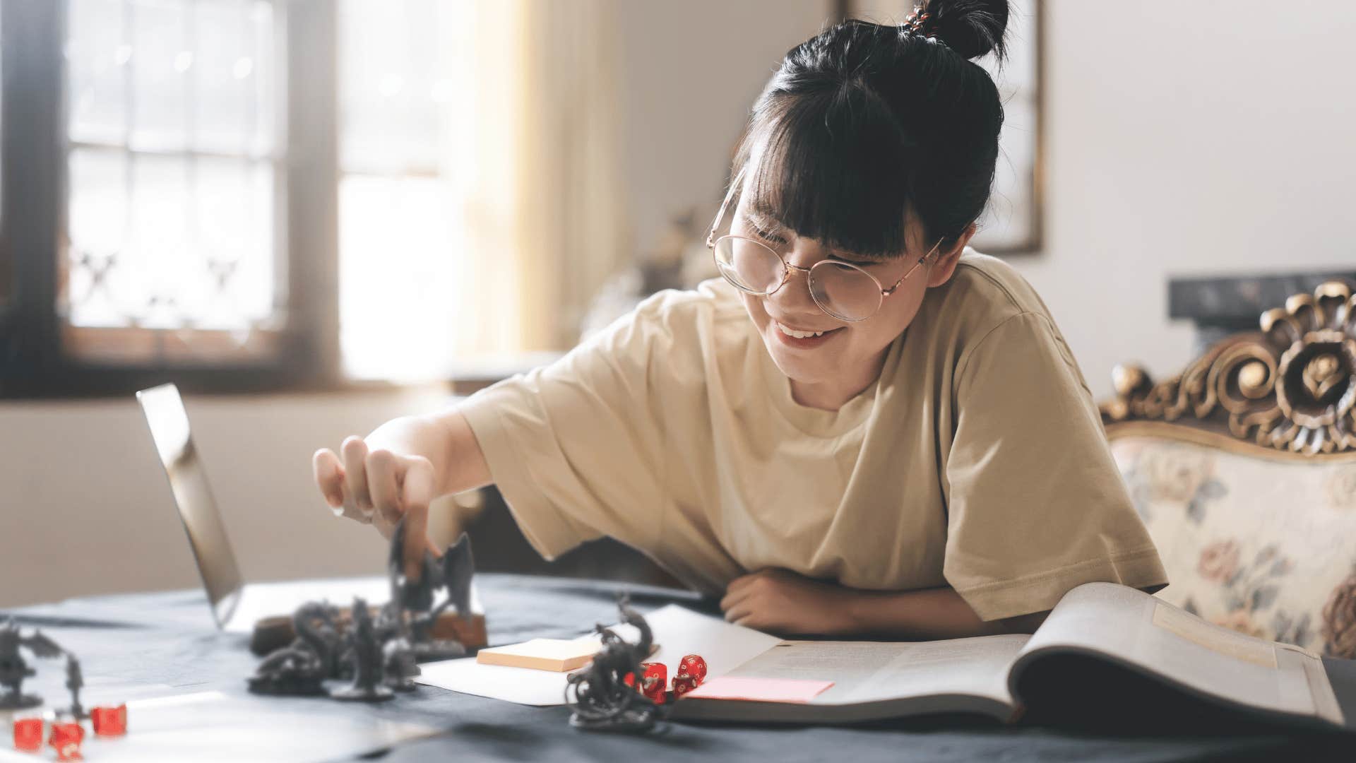 woman playing dungeons and dragons which is good for mental health