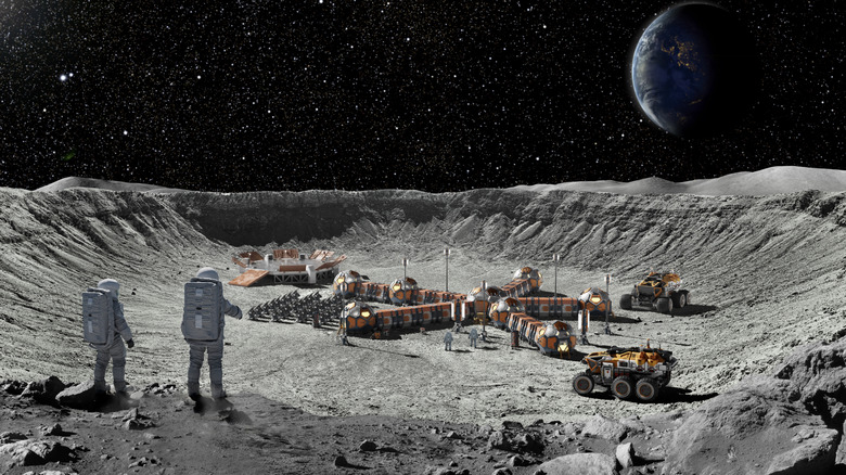 moon base concept, two astronauts looking over a base on the moon, earth visible in the background