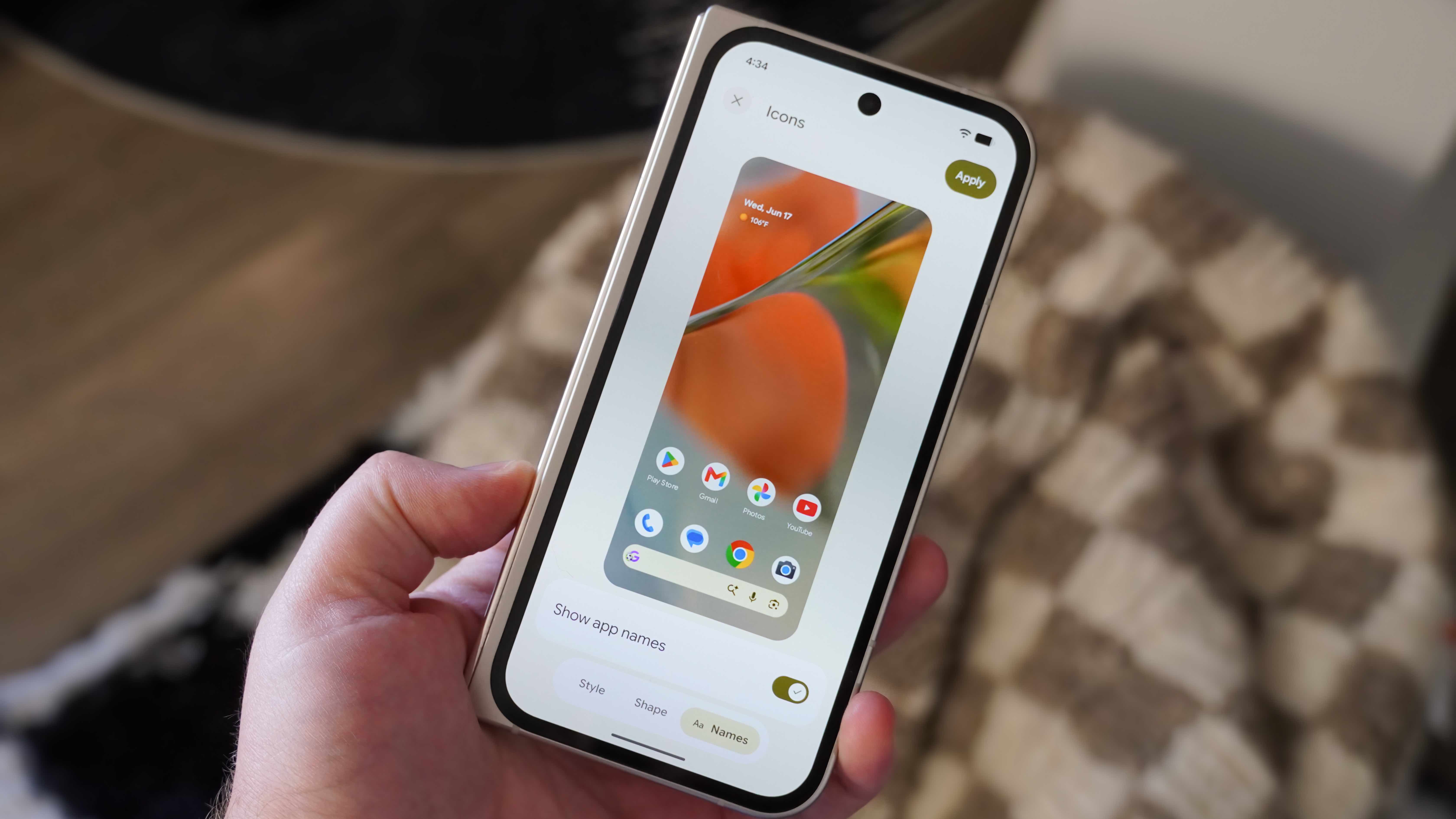 The hide home screen names option in Android 17 on a Pixel 9 Pro Fold.