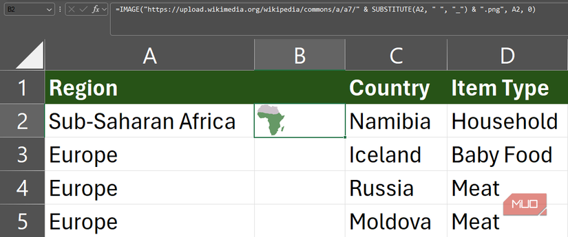 IMAGE used in a formula on an Excel spreadsheet.