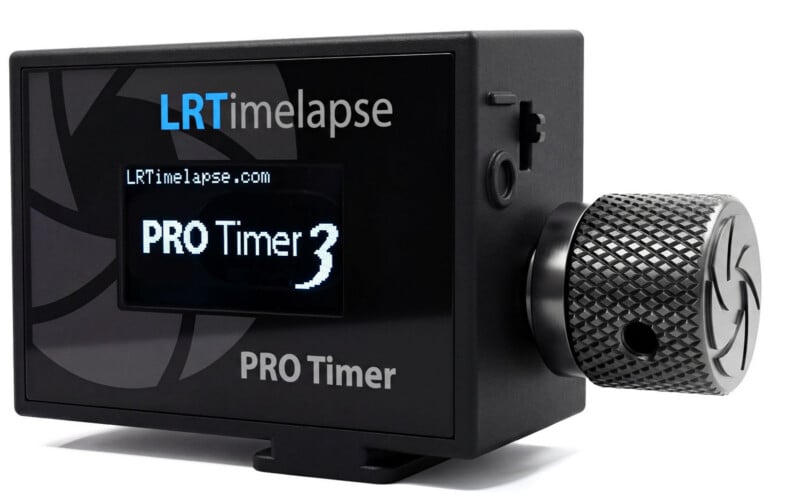A close-up view of the LRTimelapse PRO Timer 3 device, showing its display screen, control knob, and the LRTimelapse logo on the front.