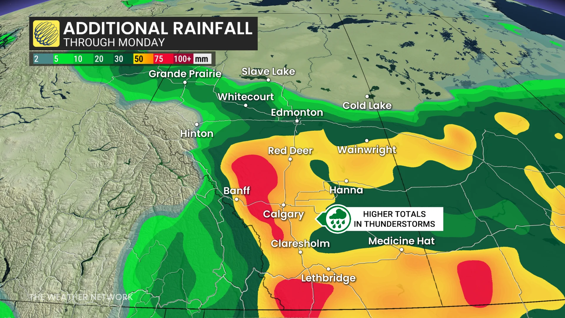 Additional Alberta rainfall through Monday