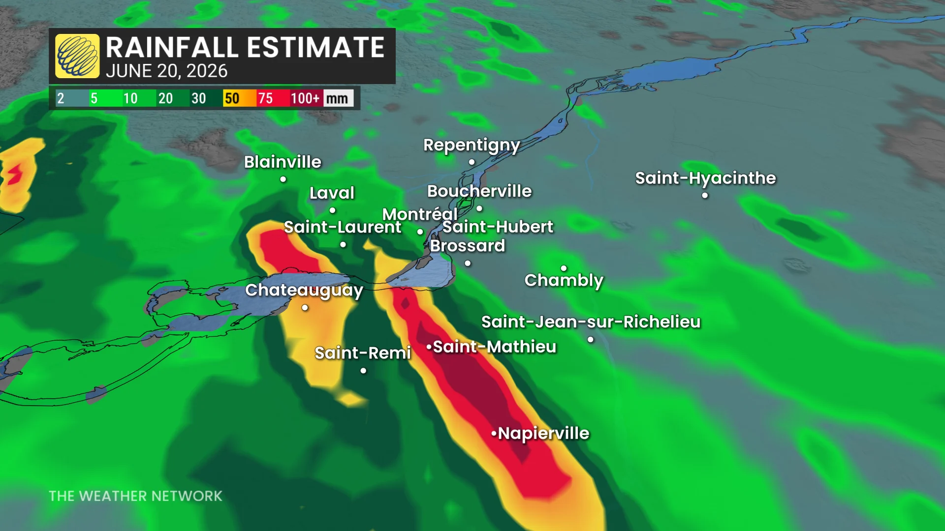 Radar estimate southern Quebec rainfall June 20, 2026