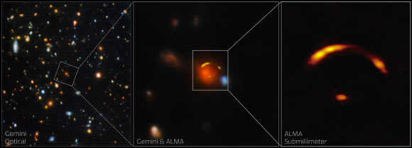 The origin of high-energy astrophysical neutrinos remains unresolved, and secure electromagnetic counterparts to individual events are rare despite rapid follow-up. Dusty star-forming galaxies at cosmic noon (redshift of z ≈ 1-4) are natural cosmic-ray calorimeters, yet observational links between these galaxies and neutrinos have remained unknown. Urata et al. report a compact-core, dusty star-forming galaxy within an IceCube localization, JCMT0402-0424, a quadruply lensed galaxy at z = 2.988 located inside the 90% containment region of the IceCube event IC 210922A. Image credit: International Gemini Observatory / NOIRLab / NSF / AURA / ALMA / ESO / NAOJ / NRAO / T.A. Rector, University of Alaska Anchorage & NSF’s NOIRLab / D. de Martin & M. Zamani, NSF’s NOIRLab / Yuji Urata. MITOS Science Co., LTD.