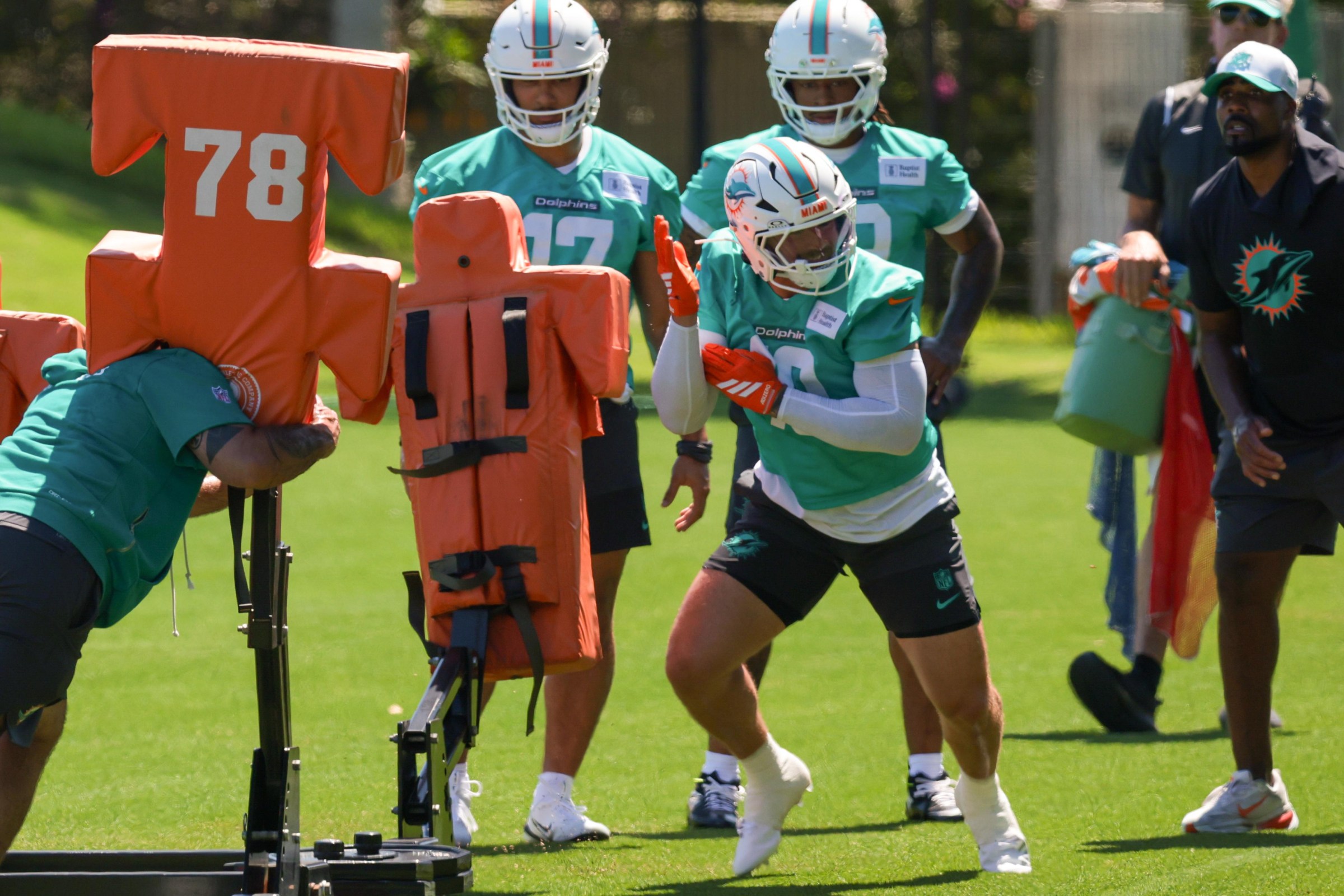 May 8, 2026; Miami Gardens, FL, USA; Miami Dolphins inside linebacker Jacob Rodriguez (10) works during rookie minicamp at Baptist Health Training Complex. Mandatory Credit: Sam Navarro-Imagn Images