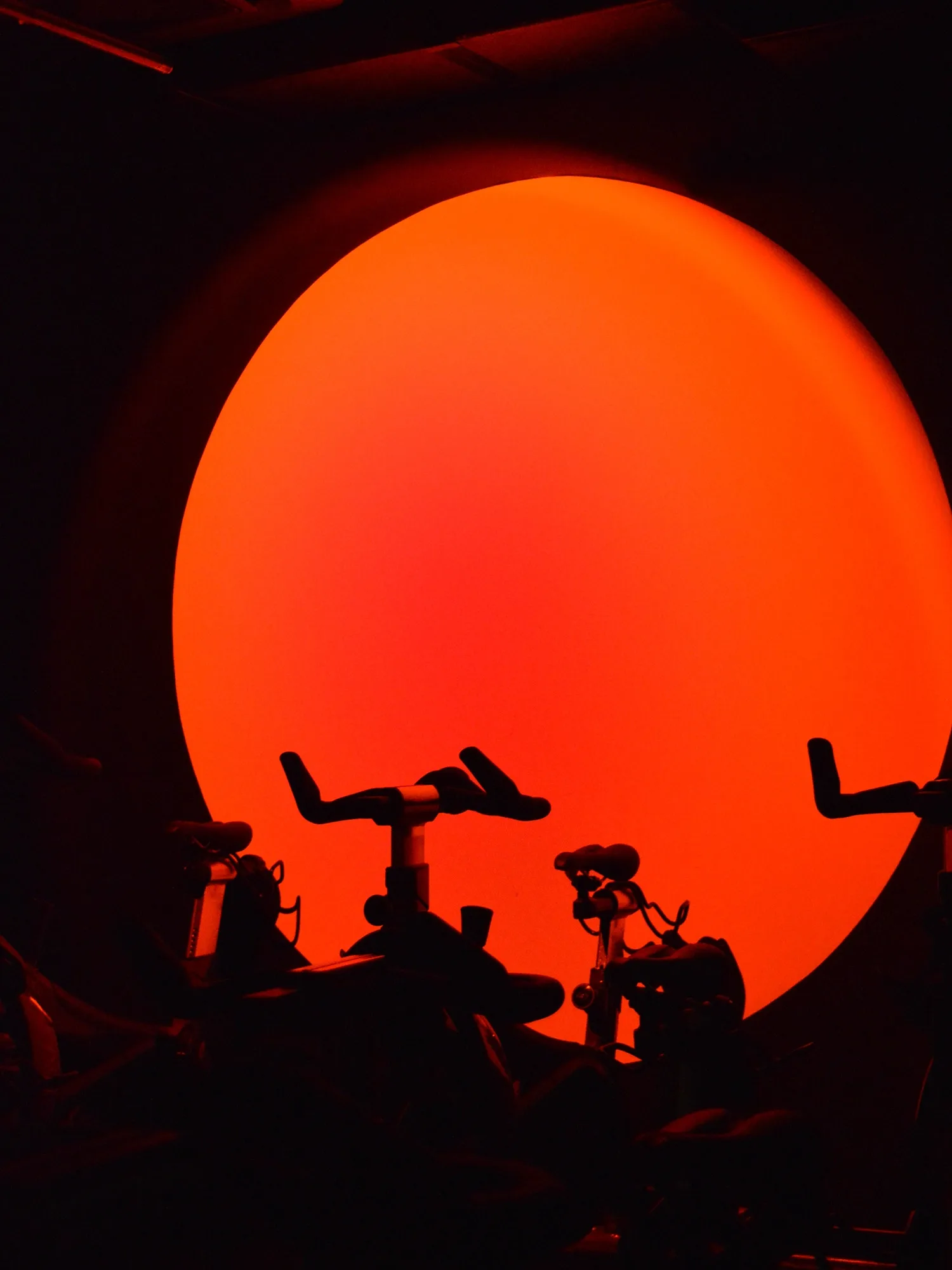 At peak lighting, cycling silhouettes emerge against bright circle.