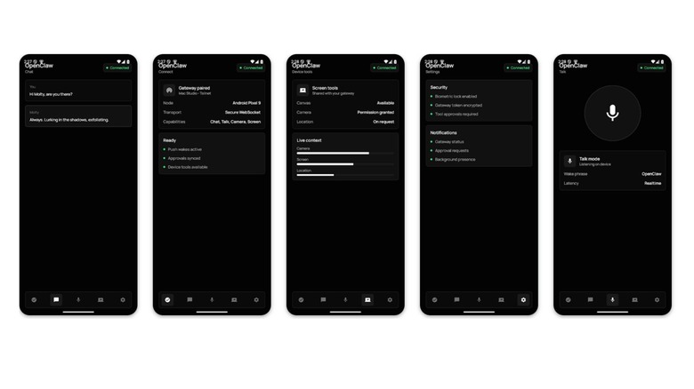 Illustration showing five smartphone screens displaying the OpenClaw app in use