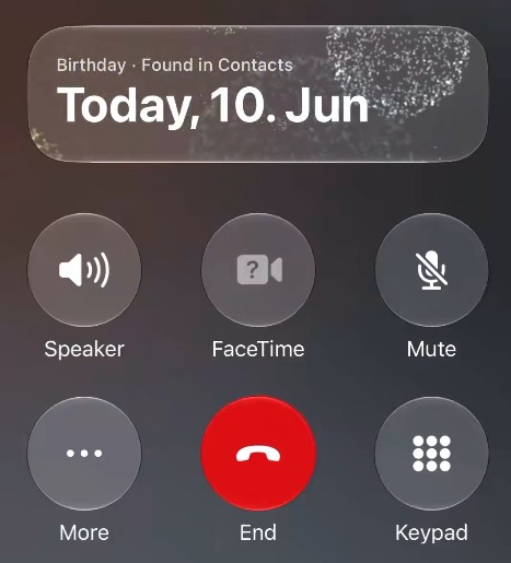 | iPhone in Canada iPhone Control Center with date Today, 10 Jun and round icons: Speaker, FaceTime, Mute, More, End (red), Keypad.