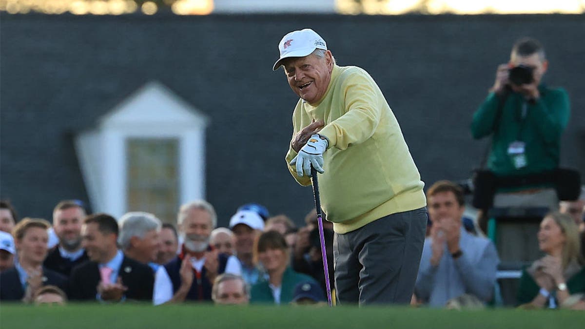 Jack Nicklaus of the United States reacts to his ceremonial tee shot on the 1st hole during the first round of the 2026 Masters