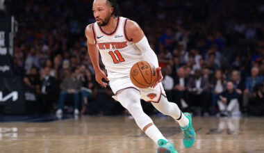 NEW YORK, NEW YORK - MAY 19: Jalen Brunson #11 of the New York Knicks dribbles against the Cleveland Cavaliers during the third quarter in Game One of the NBA Eastern Conference Finals at Madison Square Garden on May 19, 2026 in New York City. NOTE TO USER: User expressly acknowledges and agrees that, by downloading and or using this photograph, User is consenting to the terms and conditions of the Getty Images License Agreement. (Photo by Sarah Stier/Getty Images)
