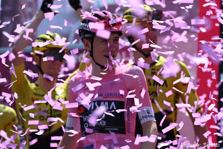 Jonas Vingegaard showered in pink confetti during the 2026 Giro d'Italia
