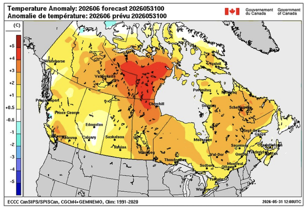 Temperature map of Canada shows above-average temperatures in yellow to red across the country.