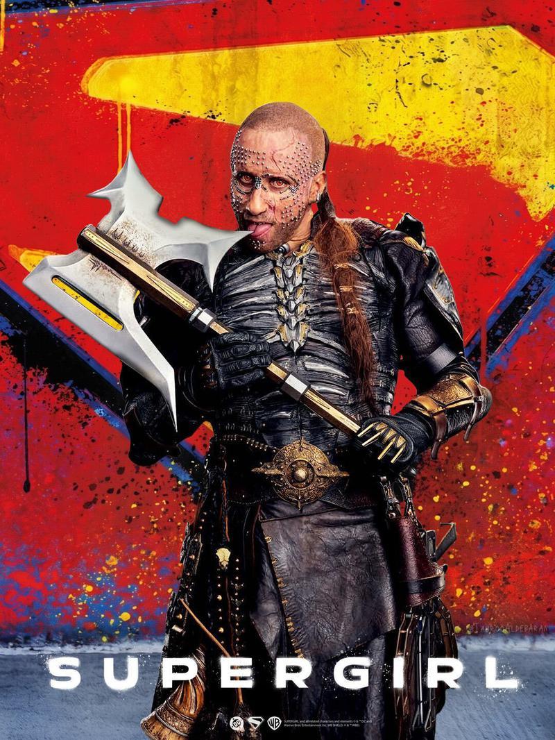 poster of Matthias Schoenaerts as Krem of the Yellow Hills licking an axe in 'Supergirl.'