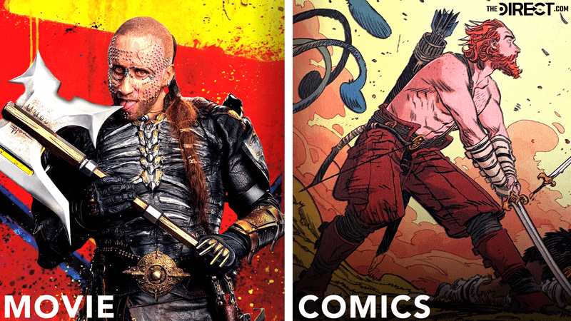 poster of Matthias Schoenaerts as Krem of the Yellow Hills licking an axe in 'Supergirl,' Krem of the Yellow Hills holding a sword in DC Comics.