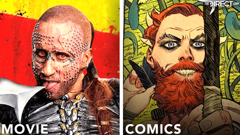 Close-up of poster of Matthias Schoenaerts as Krem of the Yellow Hills licking an axe in 'Supergirl.' Krem of the Yellow Hills holding a bow and arrow in DC Comics.
