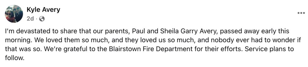 Facebook post from Kyle Avery sharing the passing of parents, Paul and Sheila Garry Avery.