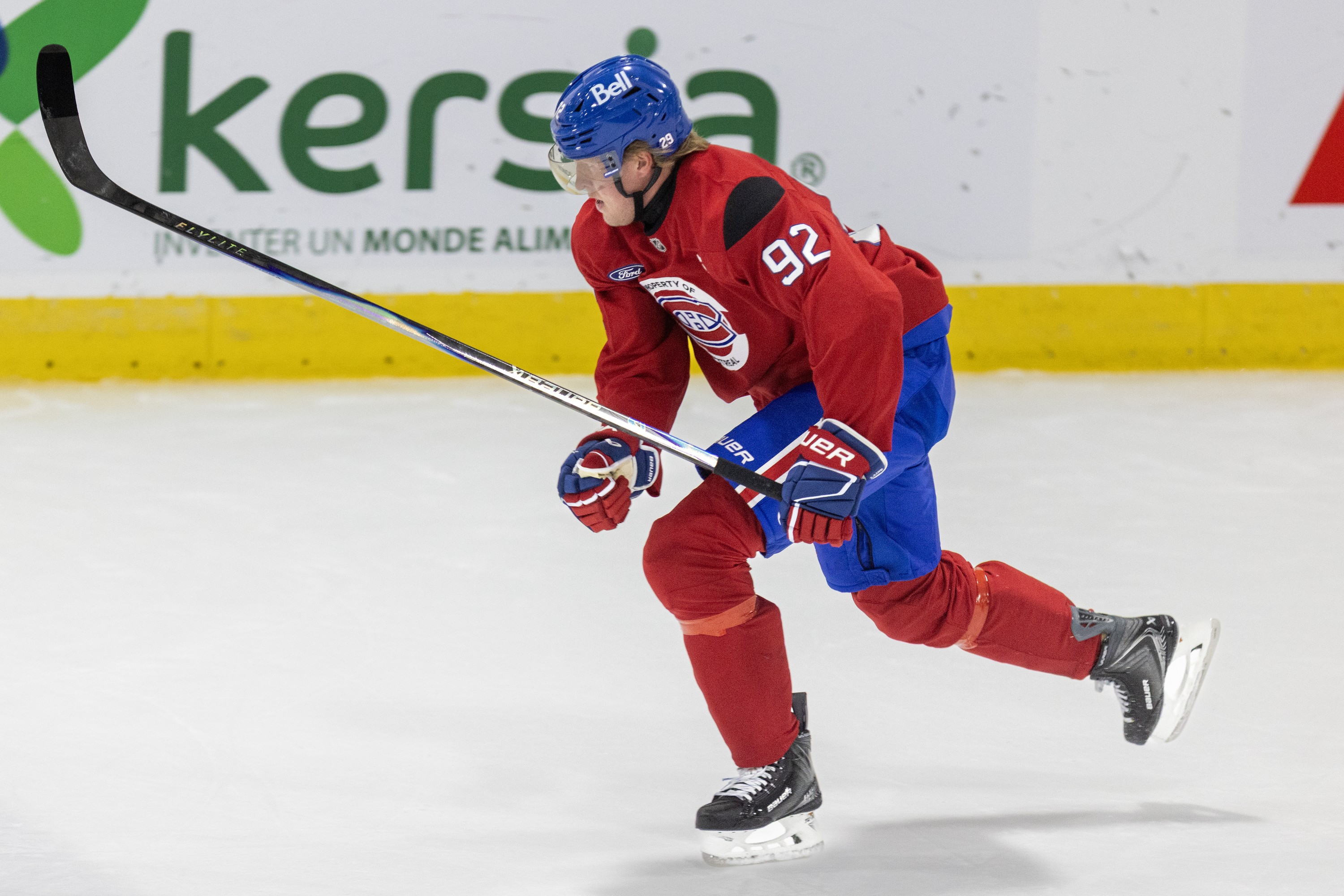Canadiens winger Patrik Laine speeds through a training-camp drill in Brossard on Sept. 18.
