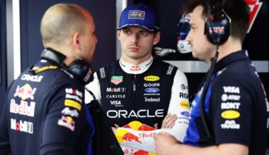 Max Verstappen of the Netherlands and Oracle Red Bull Racing talks in the garage to his engineer Gianpiero Lambiase during qualifying ahead of the F1 Grand Prix of Monaco at Circuit de Monaco on June 06, 2026 in Monte-Carlo, Monaco. (Photo by Mark Thompson/Getty Images) // Getty Images / Red Bull Content Pool //