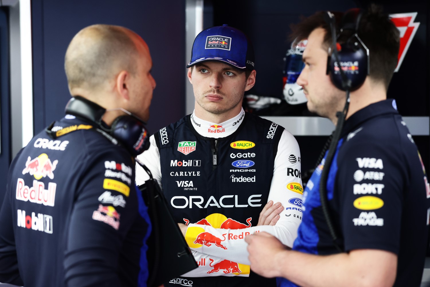 Max Verstappen of the Netherlands and Oracle Red Bull Racing talks in the garage to his engineer Gianpiero Lambiase during qualifying ahead of the F1 Grand Prix of Monaco at Circuit de Monaco on June 06, 2026 in Monte-Carlo, Monaco. (Photo by Mark Thompson/Getty Images) // Getty Images / Red Bull Content Pool //