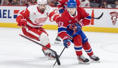 Detroit Red Wings centre Dylan Larkin loses his stick while forechecking Canadiens winger Cole Caufield during second period in Montreal on April 8, 2025.