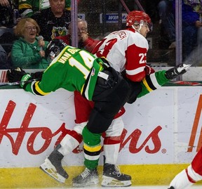 Evan Van Gorp of the London Knights slams into Harris Pangretitsch of the Soo Greyhounds during a March 2026 game.