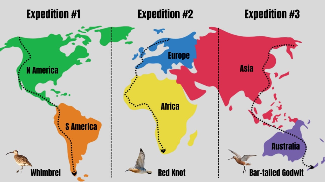 Map of the three-part expedition from Alaska to South America, northern Europe to South Africa, and Siberia to New Zealand