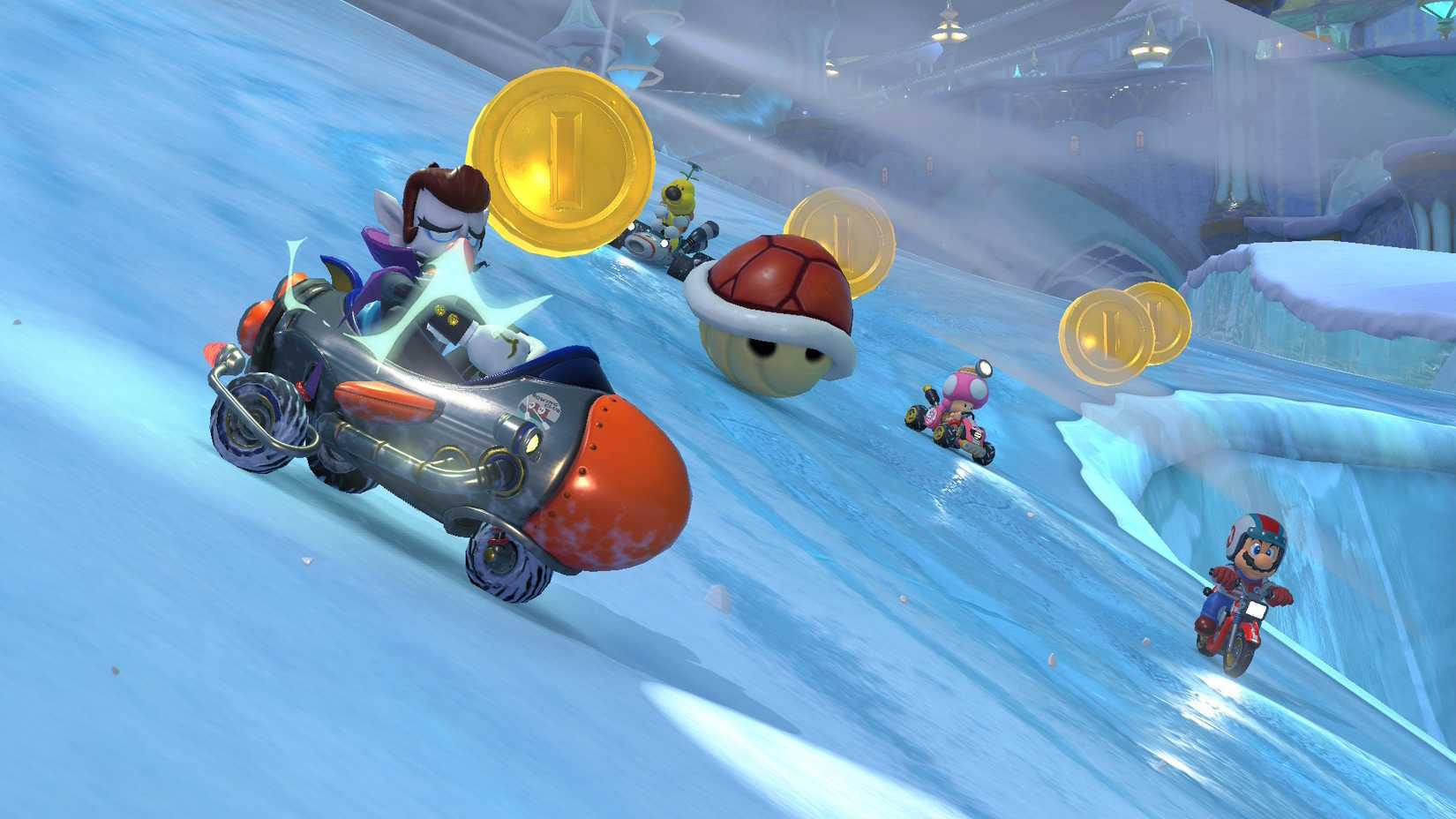 Waluigi is shrunk after a lightning strike in Mario Kart World.