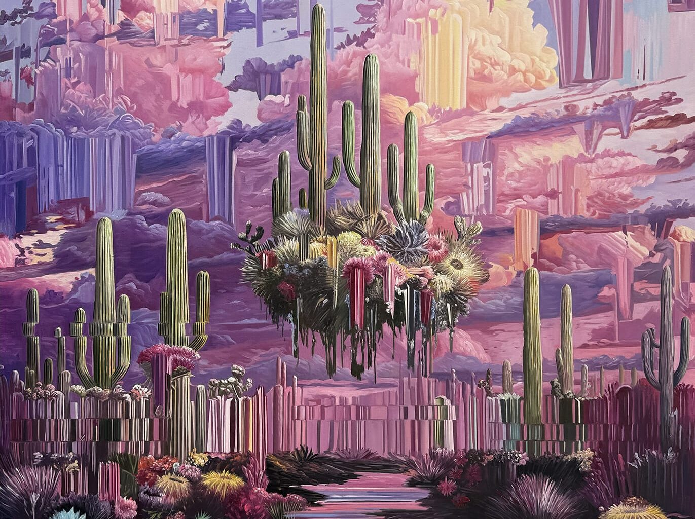 a lush, vibrant landscape with glitched patches by Alexis Mata