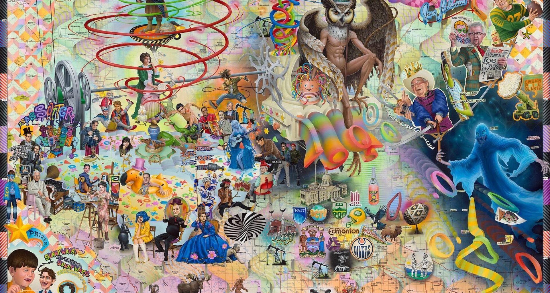 a vertical, very detailed painting of Alberta and its famous people, places, heritage, arts, and culture